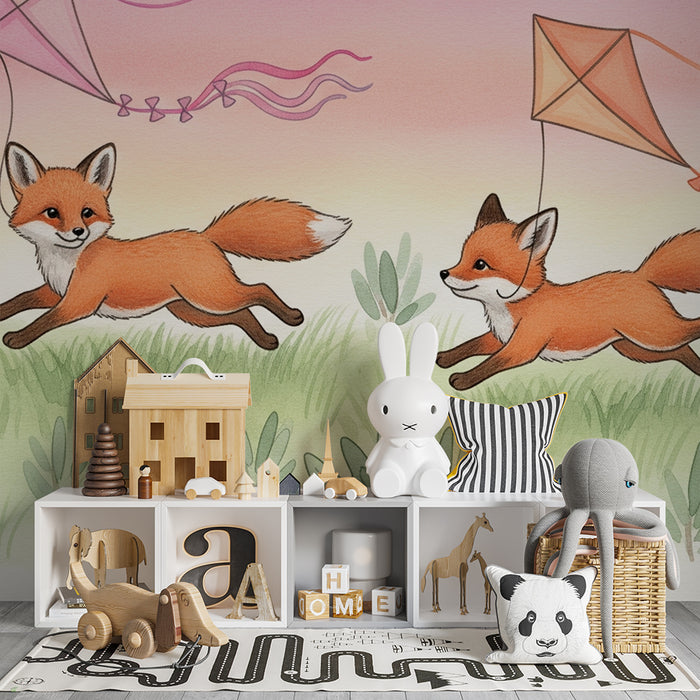 Papier peint chambre enfant | Renards joyeux avec cerfs-volants dans le ciel