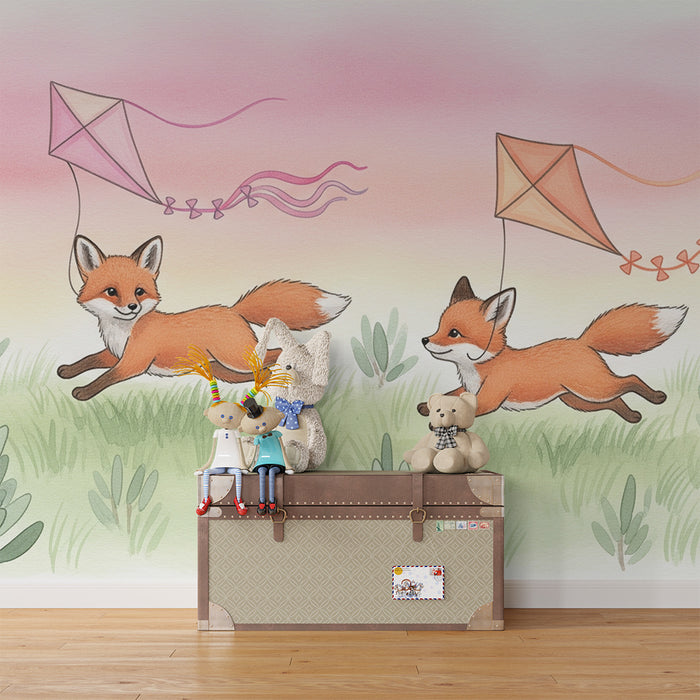 Papier peint chambre enfant | Renards joyeux avec cerfs-volants dans le ciel
