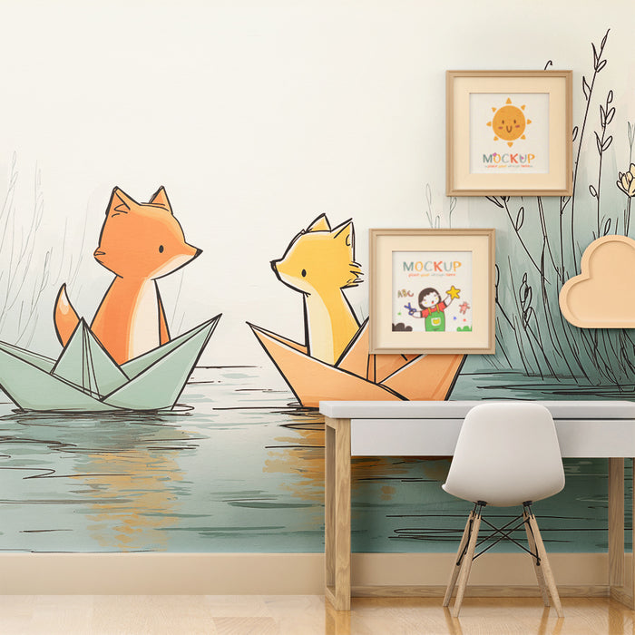 Papel de parede criança | Alegres raposas na água com barcos de papel
