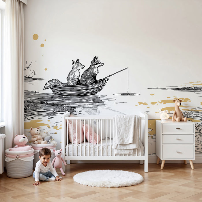 Papier peint chambre enfant | Renards pêcheurs dans un paysage paisible