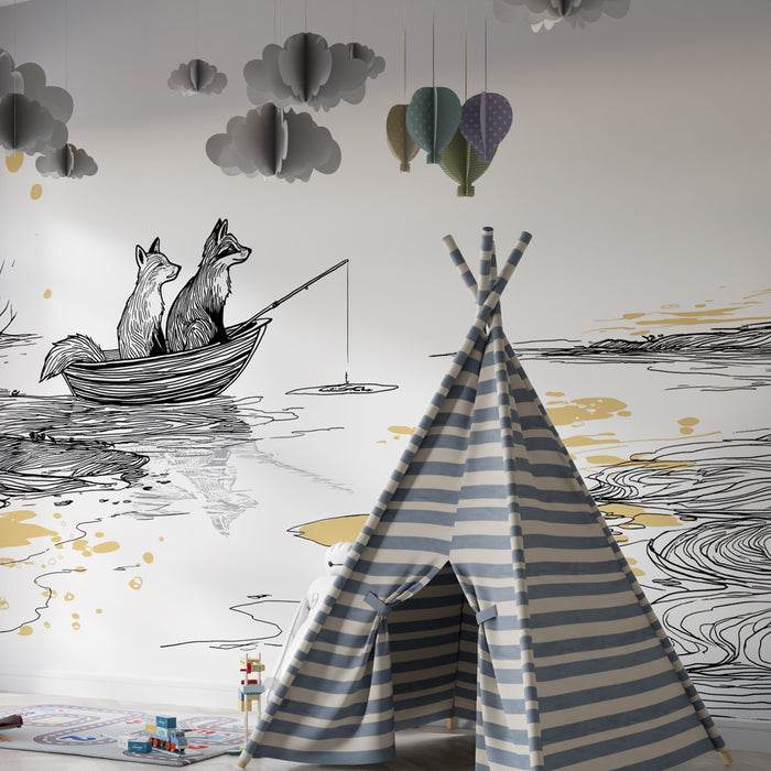 Papier peint chambre enfant | Renards pêcheurs dans un paysage paisible