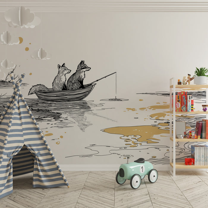Papier peint chambre enfant | Renards pêcheurs dans un paysage paisible