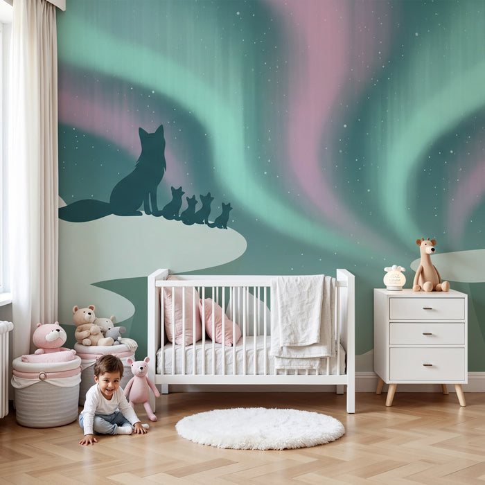 Carta da parati bambini | Volpi sotto l'aurora boreale