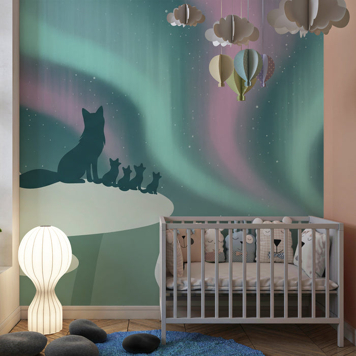 Carta da parati bambini | Volpi sotto l'aurora boreale