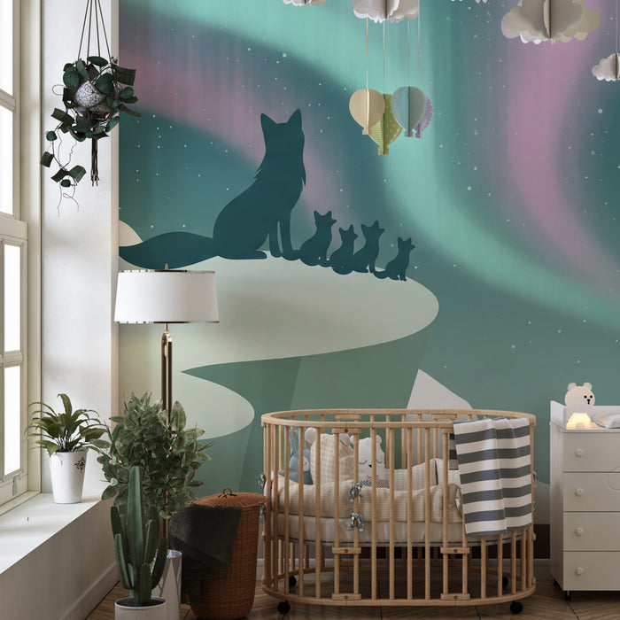 Carta da parati bambini | Volpi sotto l'aurora boreale