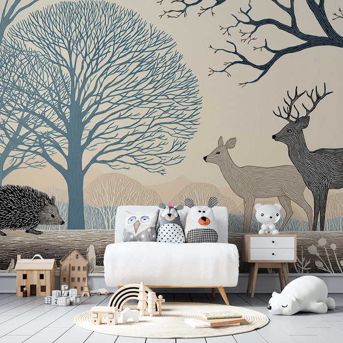 Carta da parati bambini | Incontro nella foresta con ricci e cervi