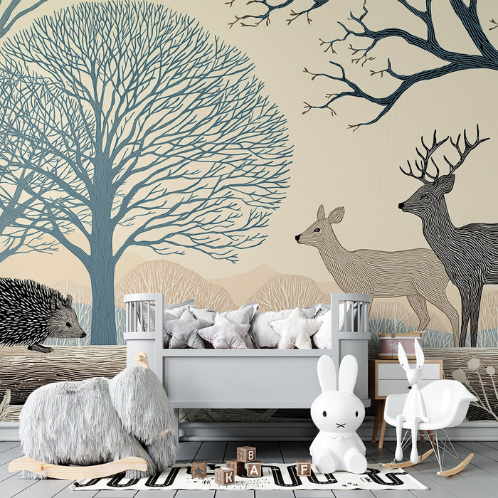 Carta da parati bambini | Incontro nella foresta con ricci e cervi