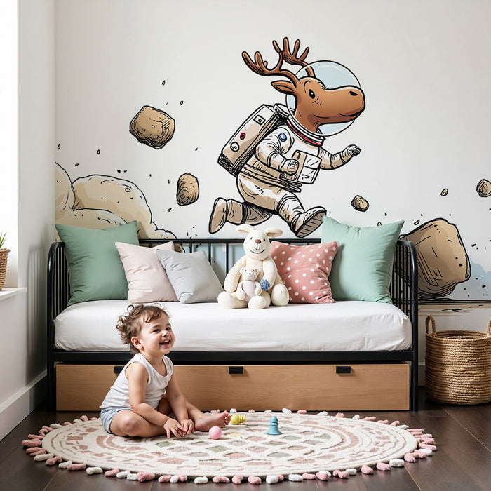 Kids room wallpaper | Astronaut reindeer exploring space while bouncing