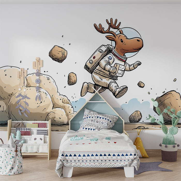 Kids room wallpaper | Astronaut reindeer exploring space while bouncing