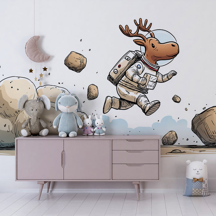 Kids room wallpaper | Astronaut reindeer exploring space while bouncing