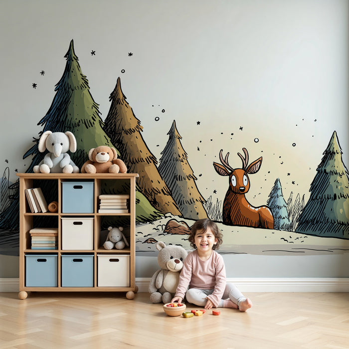 Papel pintado infantil | Reno y bosque invernal