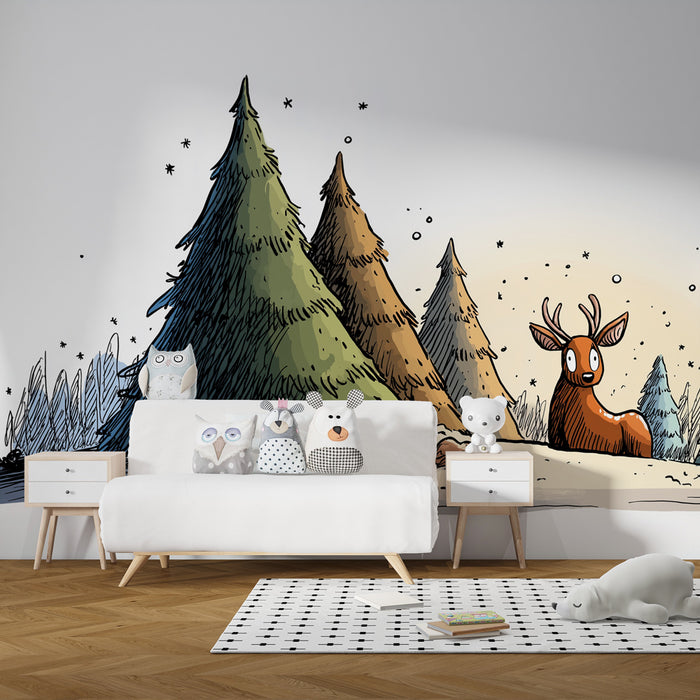 Papel pintado infantil | Reno y bosque invernal