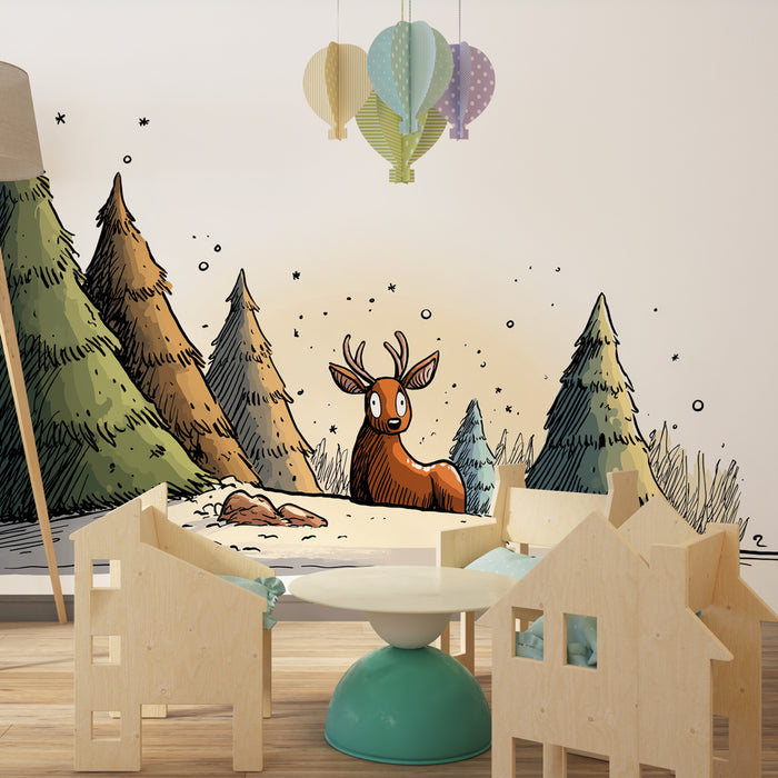 Papel pintado infantil | Reno y bosque invernal