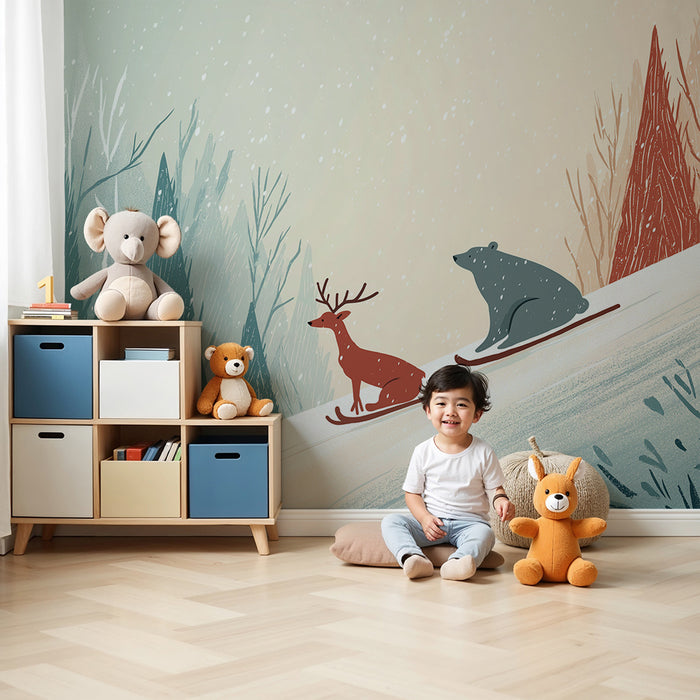 Kids room wallpaper | Rebane ja karu suuskadel talvises maastikus