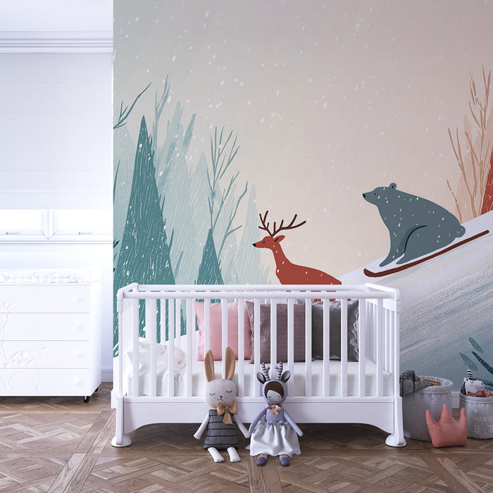 Kids room wallpaper | Rebane ja karu suuskadel talvises maastikus