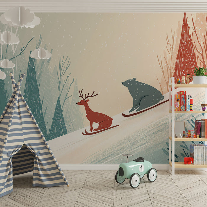 Kids room wallpaper | Rebane ja karu suuskadel talvises maastikus