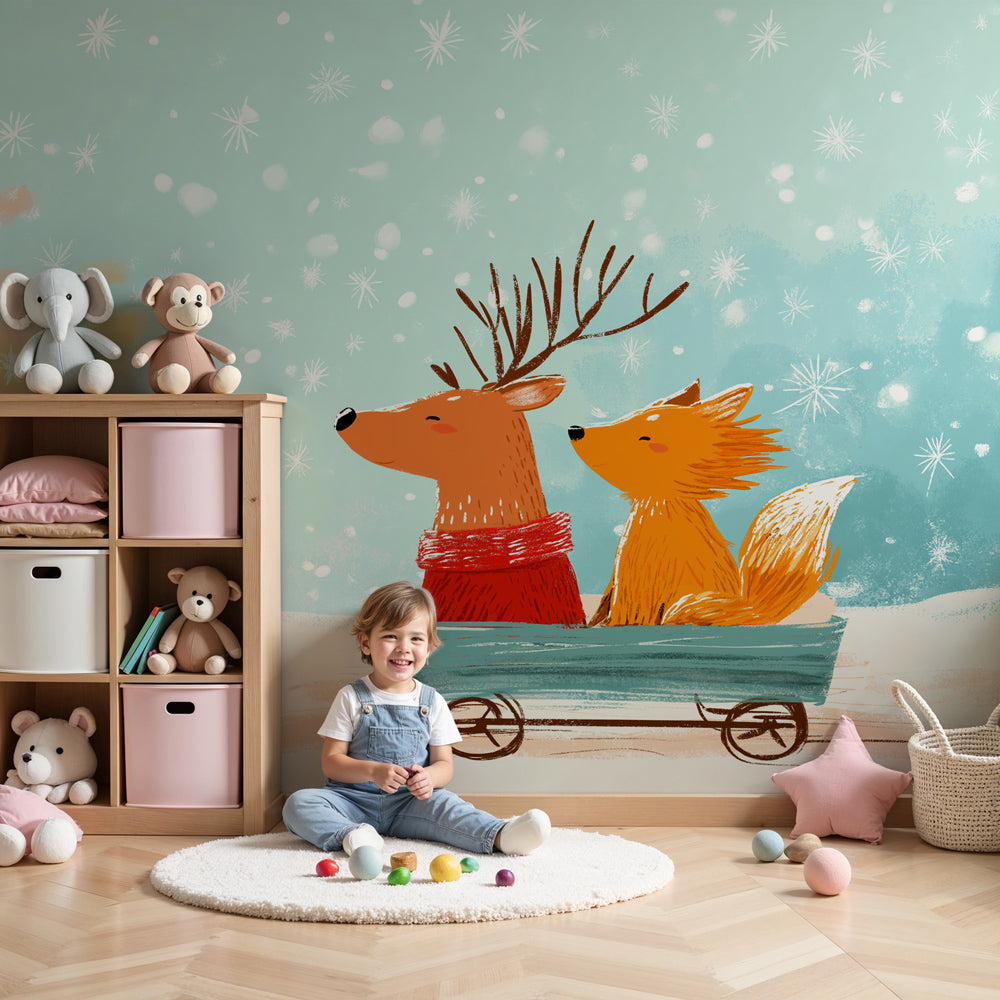 Kinderzimmer Tapete | Rentier und Fuchs im Schlitten — Kids Wall, image size:1000x1000