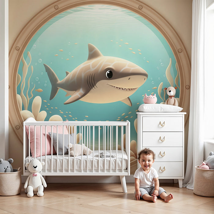 Children's bedroom wallpaper | Smiling shark and colorful underwater landscape
