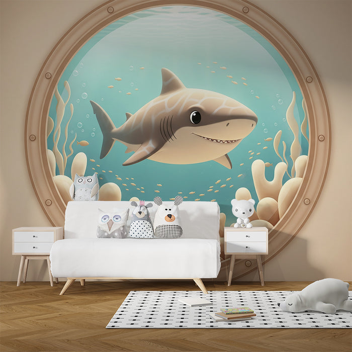 Children's bedroom wallpaper | Smiling shark and colorful underwater landscape