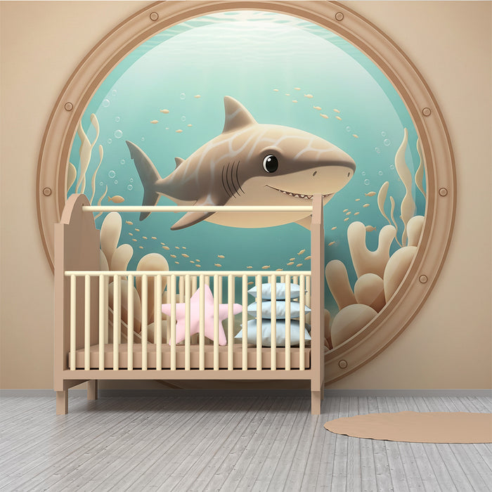 Children's bedroom wallpaper | Smiling shark and colorful underwater landscape