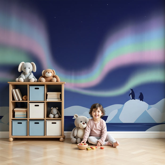 Papier peint chambre enfant | Réunions de pingouins sous les aurores boréales