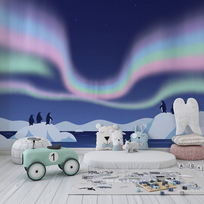 Papier peint chambre enfant | Réunions de pingouins sous les aurores boréales