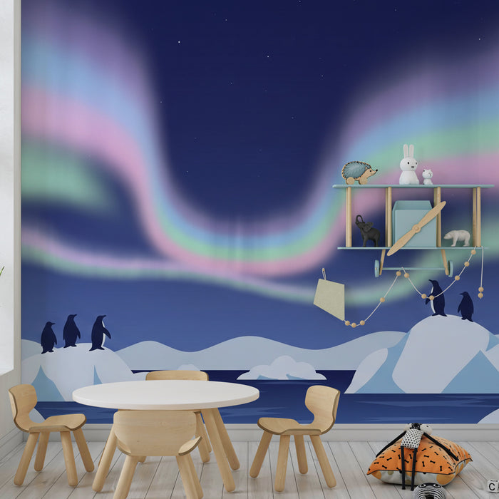 Papier peint chambre enfant | Réunions de pingouins sous les aurores boréales