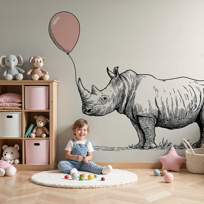 Papel de parede criança | Rinocer amuzant cu un balon roz