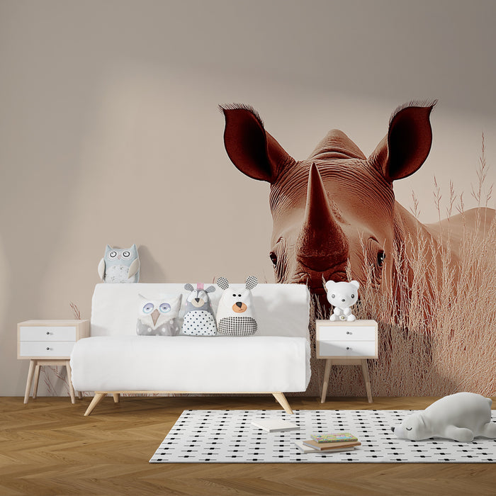Papier peint chambre enfant | Rhinocéros curieux dans la savane