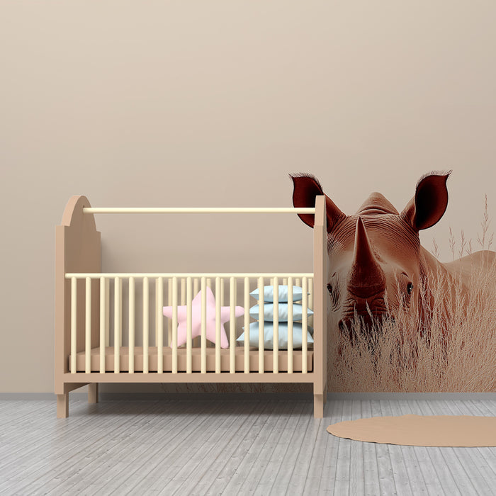Papier peint chambre enfant | Rhinocéros curieux dans la savane