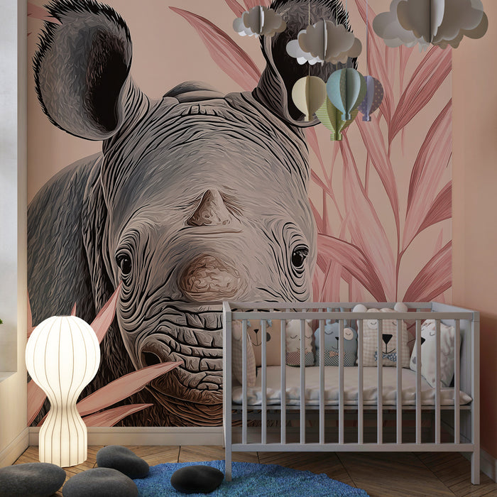 Papier peint chambre enfant | Rhinocéros dans la jungle pastel