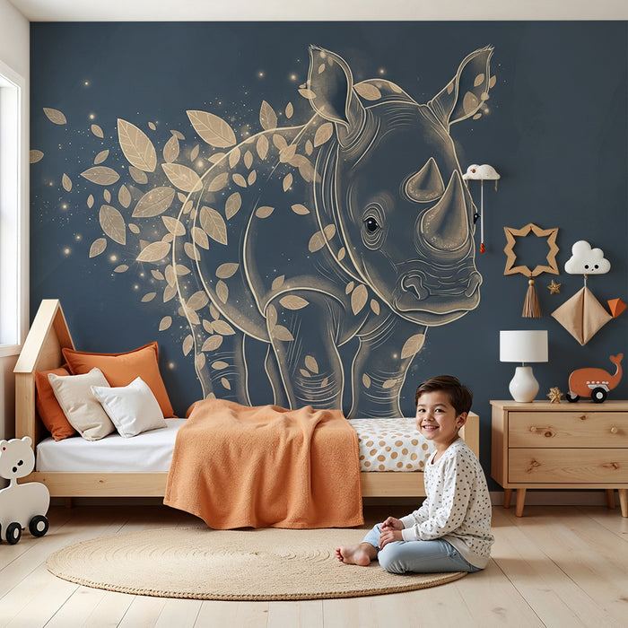 Tapety dla dzieci | Magiczny nosorożec i błyszczące liście