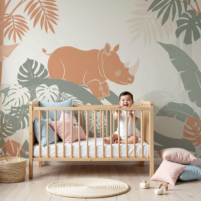 Kids room wallpaper | Arms rhinoceros in a tropical jungle
