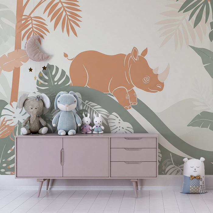 Kids room wallpaper | Arms rhinoceros in a tropical jungle