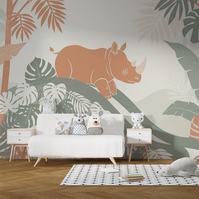 Kids room wallpaper | Arms rhinoceros in a tropical jungle