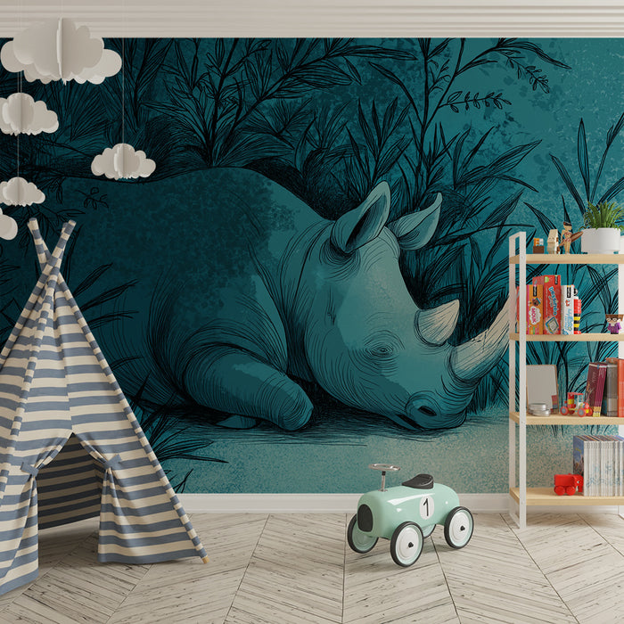 Kinderkamer behang | Rustige neushoorn in een groen oerwoud