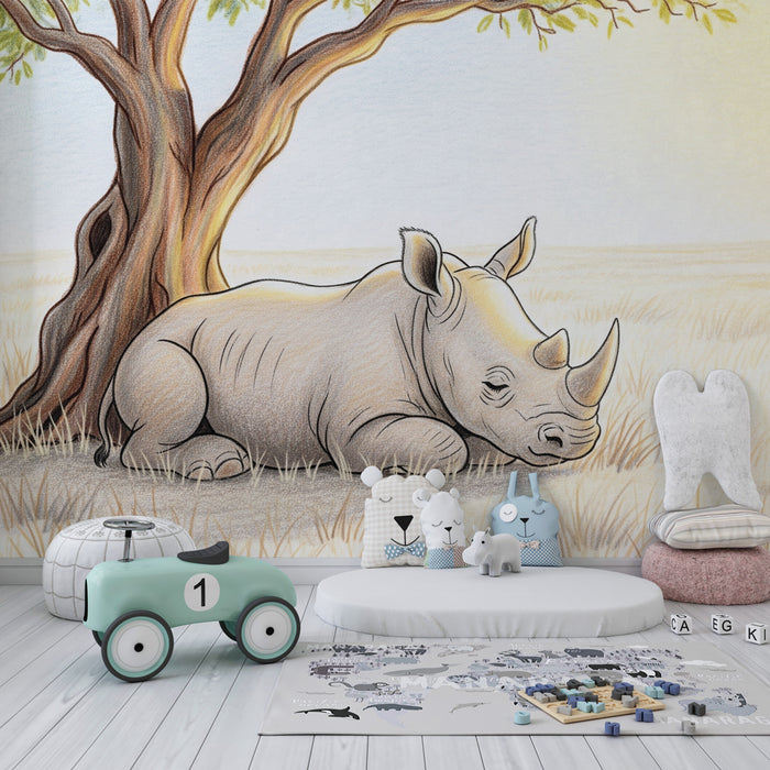 Kinderzimmer Tapete | Friedlicher Nashorn unter dem Baum