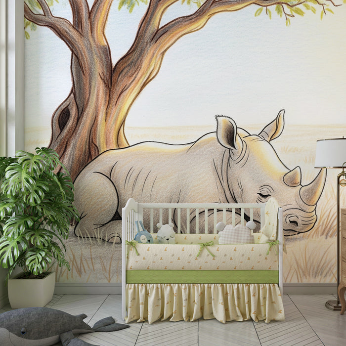 Kinderzimmer Tapete | Friedlicher Nashorn unter dem Baum
