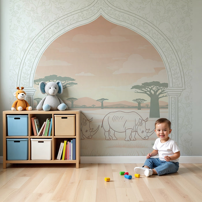 Behang kinderkamer | Rustige neushoorns in een Afrikaans landschap