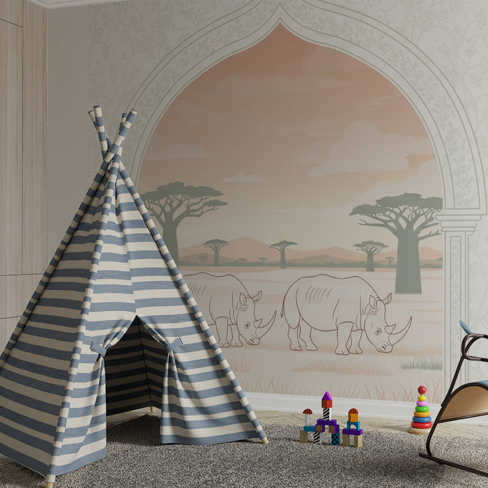 Behang kinderkamer | Rustige neushoorns in een Afrikaans landschap