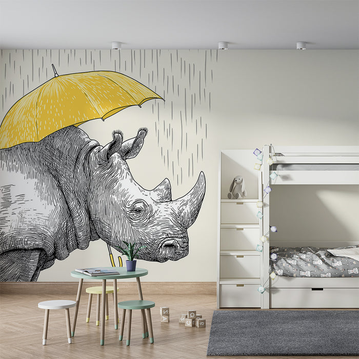 Tapet barnerom | Neshorn under en gul paraply i lett regn