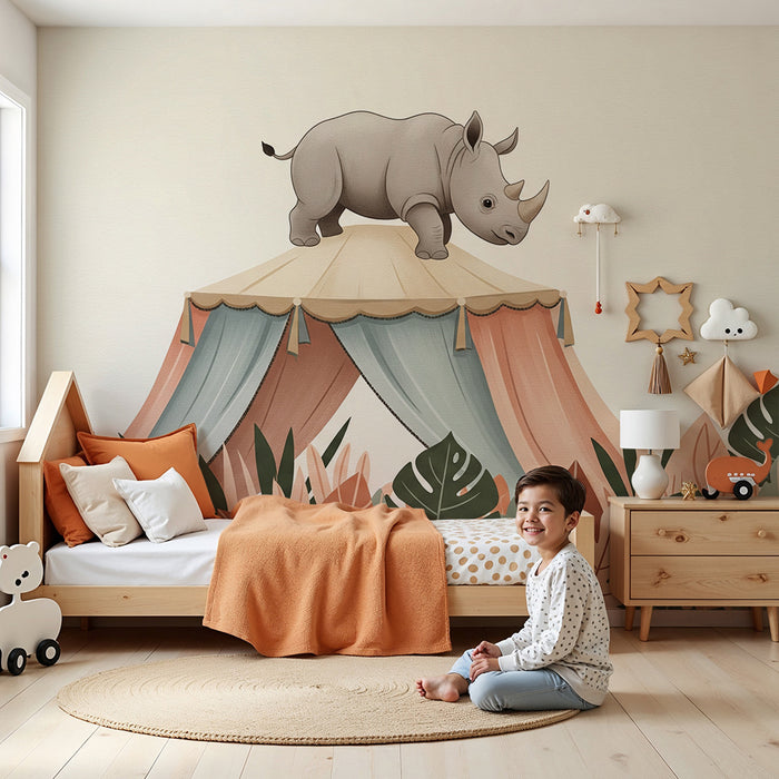 Kids room wallpaper | Rhinoceros on a capital surrounded by tropical foliage