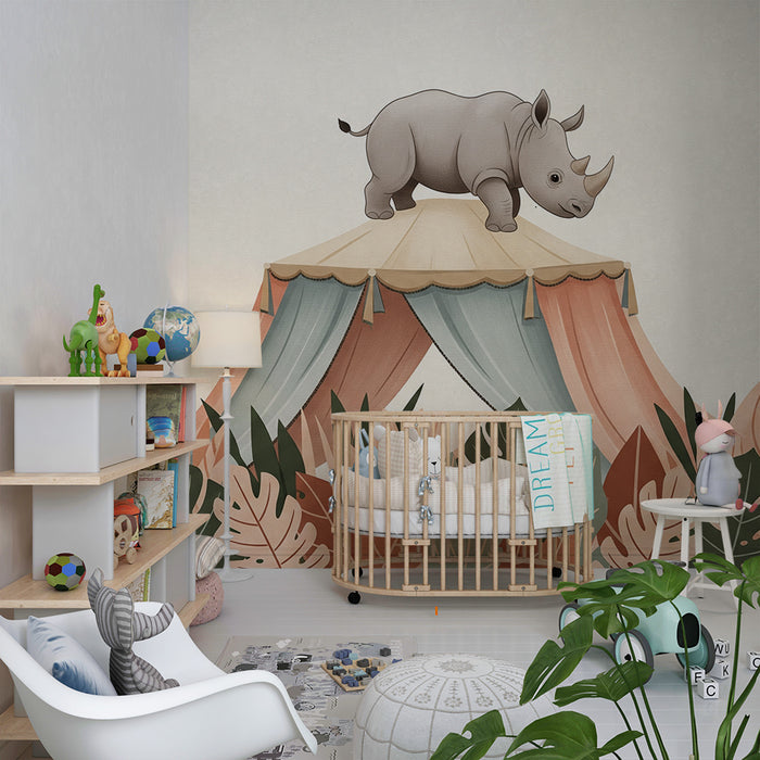 Kids room wallpaper | Rhinoceros on a capital surrounded by tropical foliage