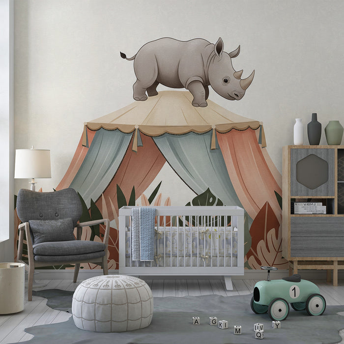 Kids room wallpaper | Rhinoceros on a capital surrounded by tropical foliage