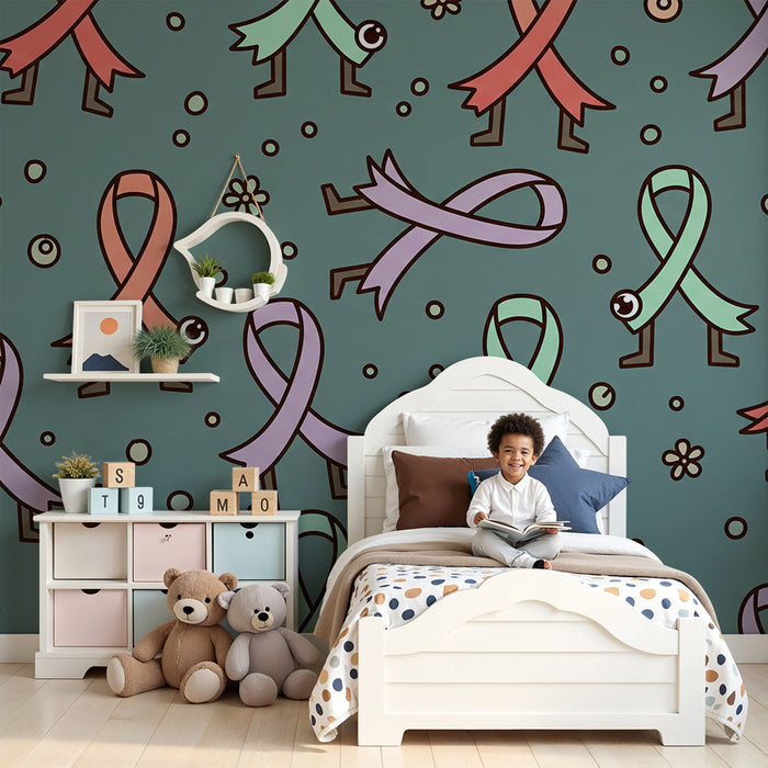 Kids' bedroom wallpaper | Colorful ribbons and fun characters on a pastel background