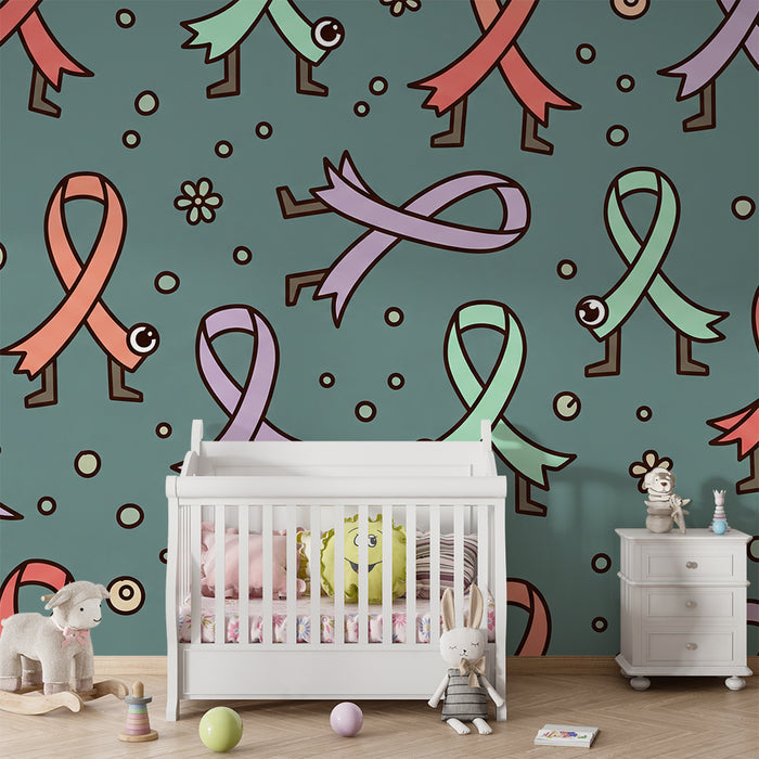 Kids' bedroom wallpaper | Colorful ribbons and fun characters on a pastel background