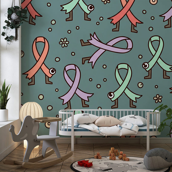 Kids' bedroom wallpaper | Colorful ribbons and fun characters on a pastel background