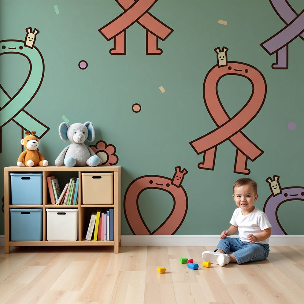 Kids' Room Wallpaper | Colorful Ribbons and Playful Characters on a Pa ...