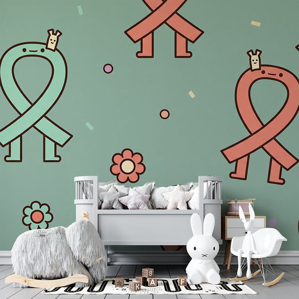 Kids' Room Wallpaper | Colorful Ribbons and Playful Characters on a Pa ...