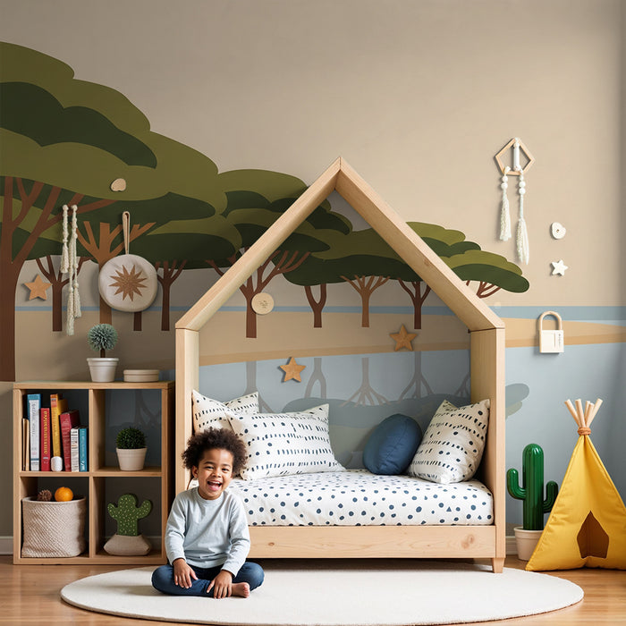 Carta da parati per camera bambini | Riva tranquilla con alberi e riflessi sull'acqua
